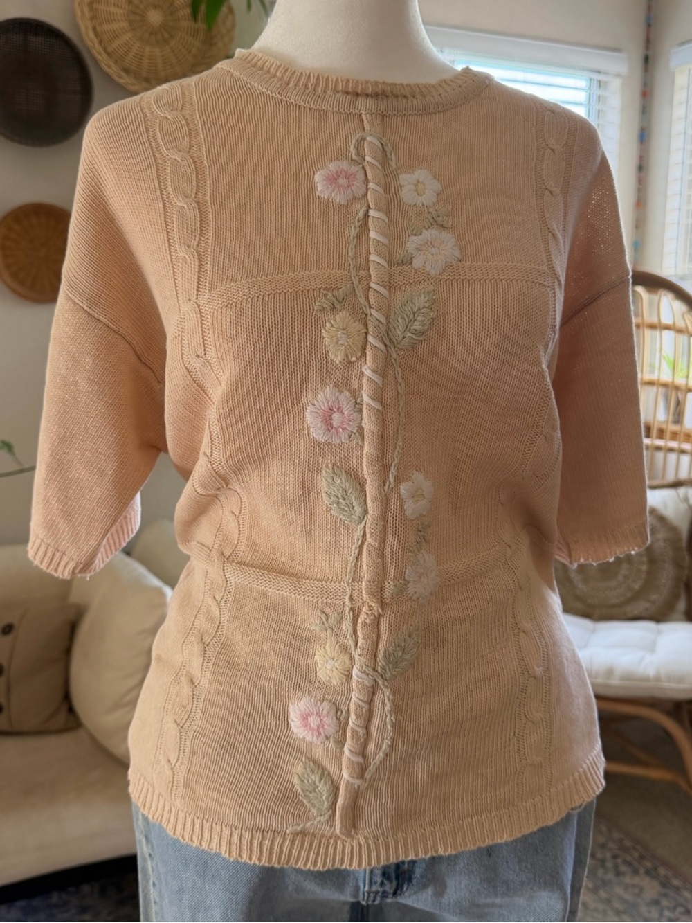 Vintage Artsy Boho Cottagecore Ramie Cotton Floral Grandma Embroidered Sweater - Picture 7 of 11